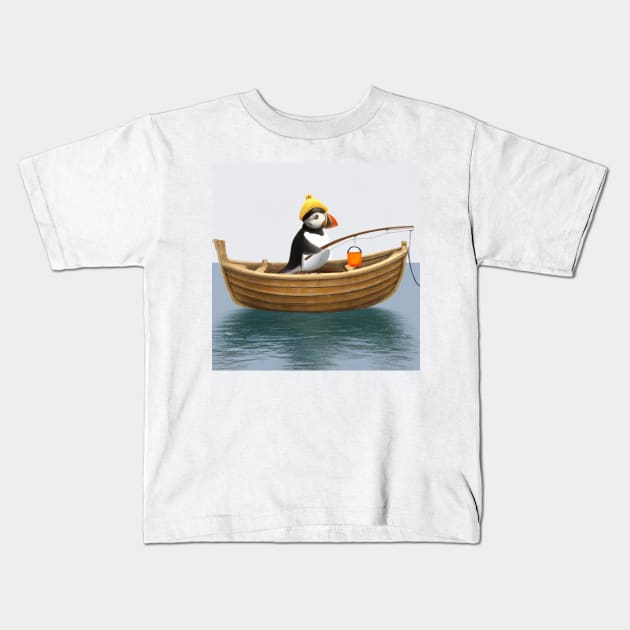 Cute Puffin in a Rowboat on the Ocean Kids T-Shirt by YegMark